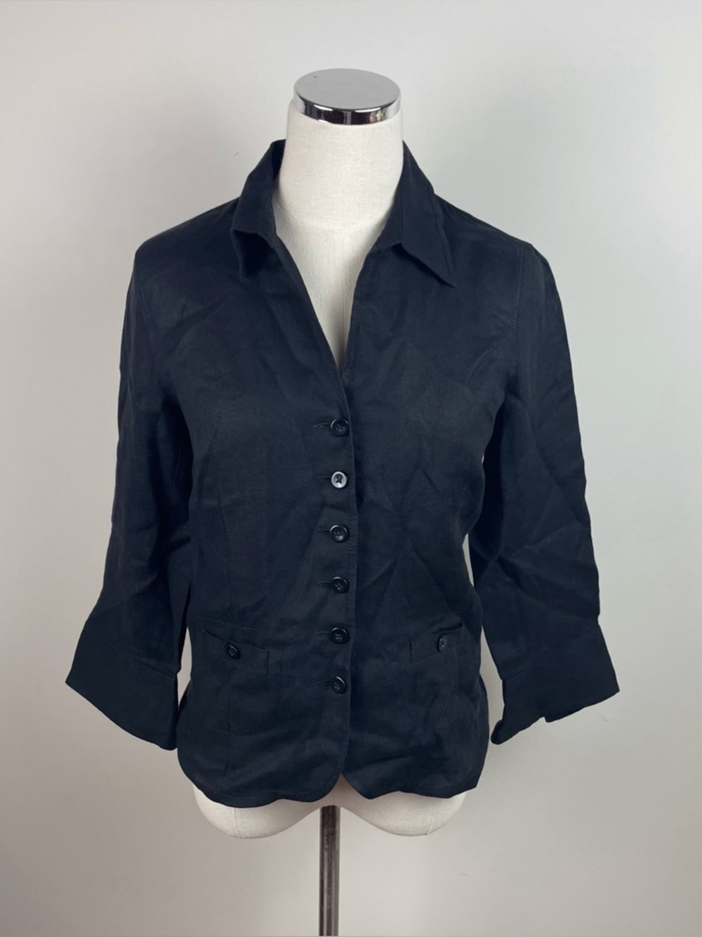Talbots Black Irish Linen Collared Button Down Top Women Size 4